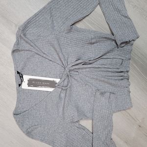 Blushmark Medium Still Home grey long sleeve ribbed crop Top with tie in front